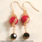 Red Marbled Gold Herringbone Wrapped Earrings with Black Drop