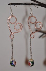 Copper Heart and Cloisonne Dangle Earrings