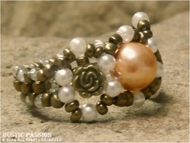 Woven Bead Victorian Ring-Antique Gold and Peach Pearl