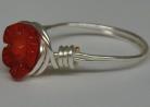 Red Coral Carved Flower Silver Wire Wrapped Ring